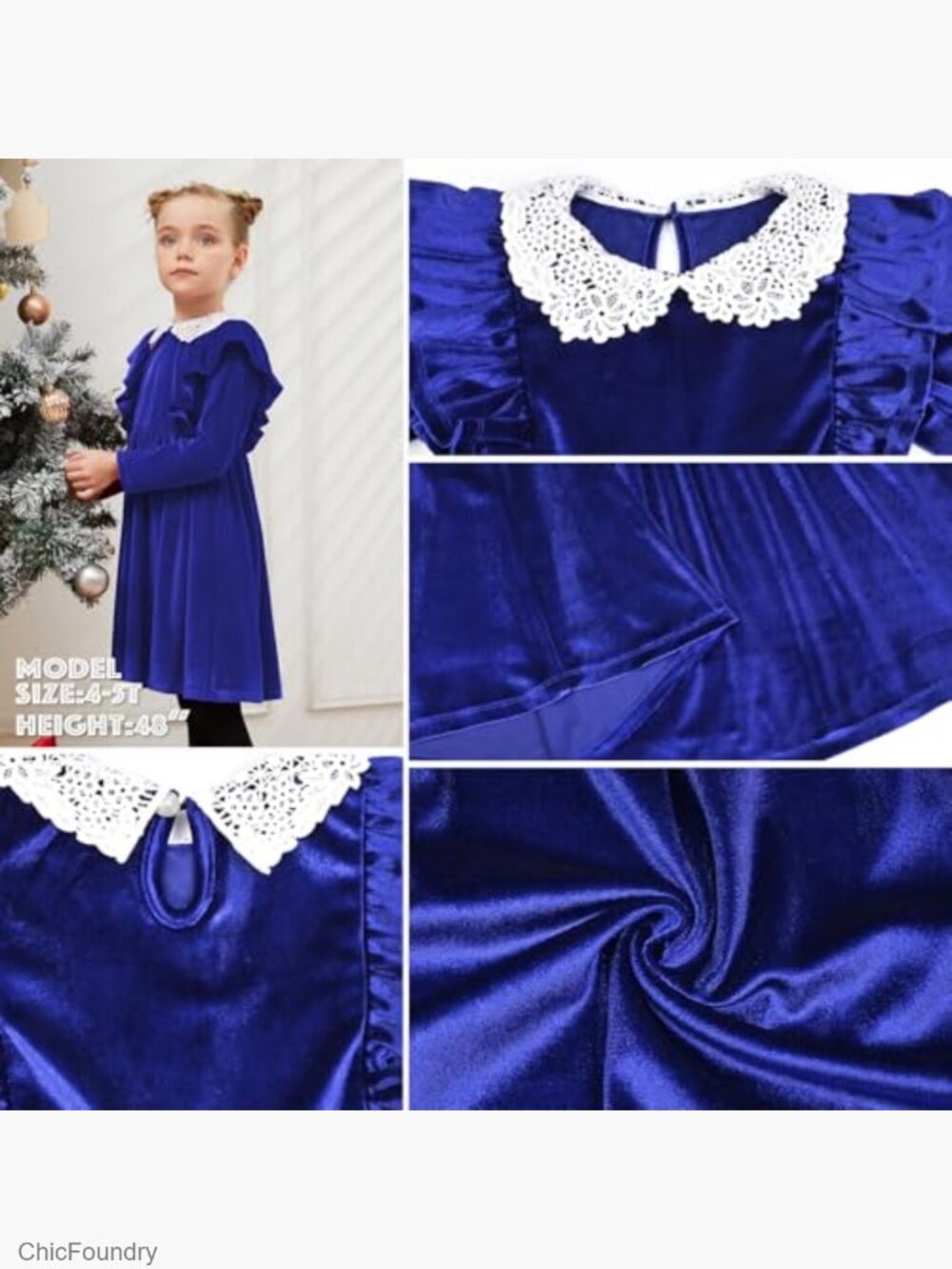 Girls Velvet Dress Ruffle Trim Long Sleeve Midi Guipure Lace Collar Party - Picture 5 of 5